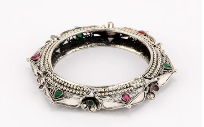 Simulated Stone Studded Oxidized Silver Bangle